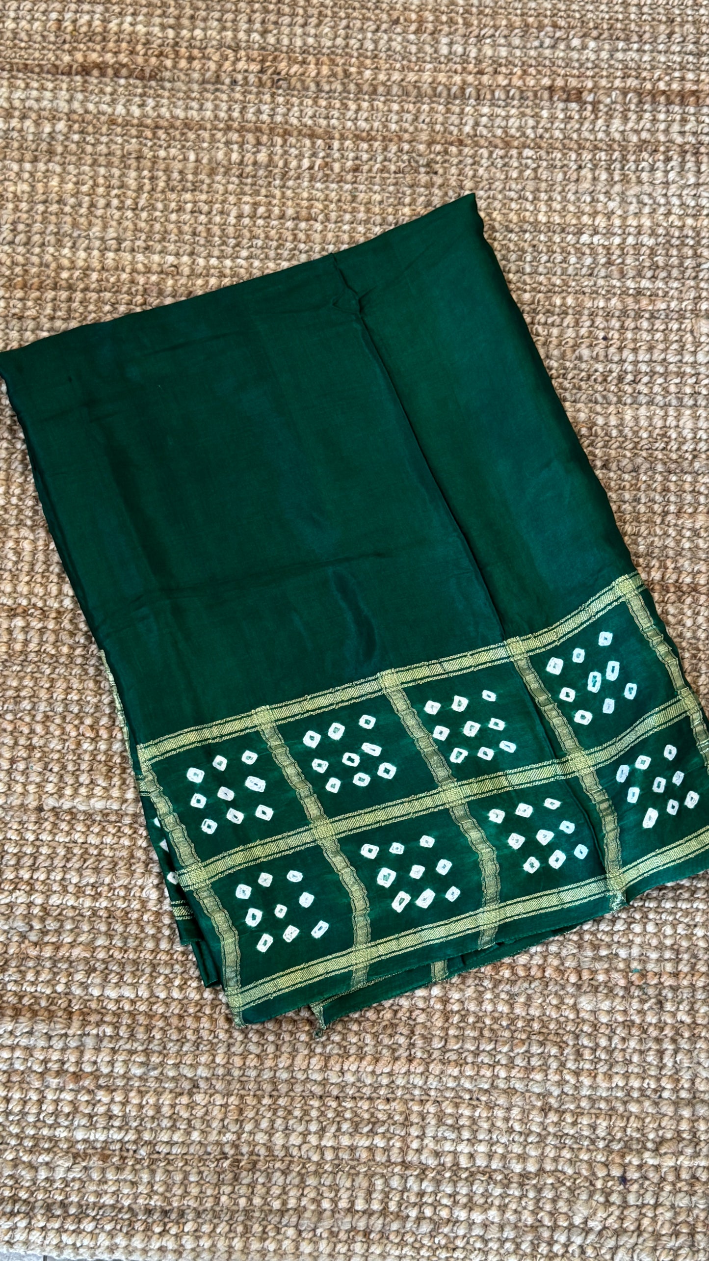 Tie & Dye Handknotted Gharchola Bandhej Pure Gajji Silk Saree - Bottle Green