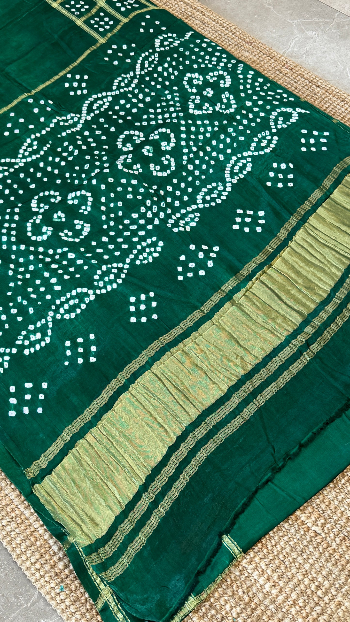 Tie & Dye Handknotted Gharchola Bandhej Pure Gajji Silk Saree - Bottle Green