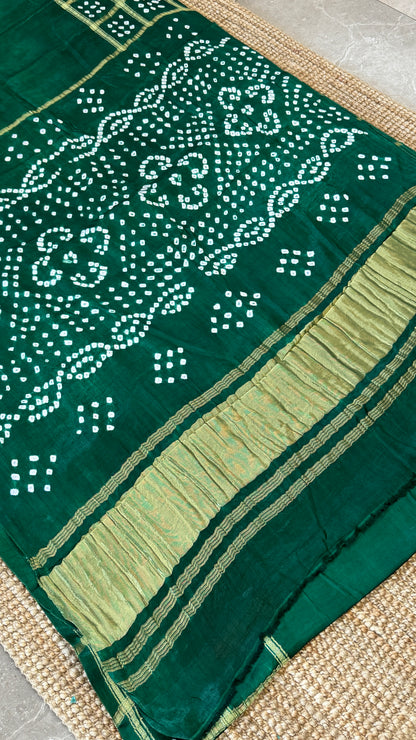 Tie & Dye Handknotted Gharchola Bandhej Pure Gajji Silk Saree - Bottle Green