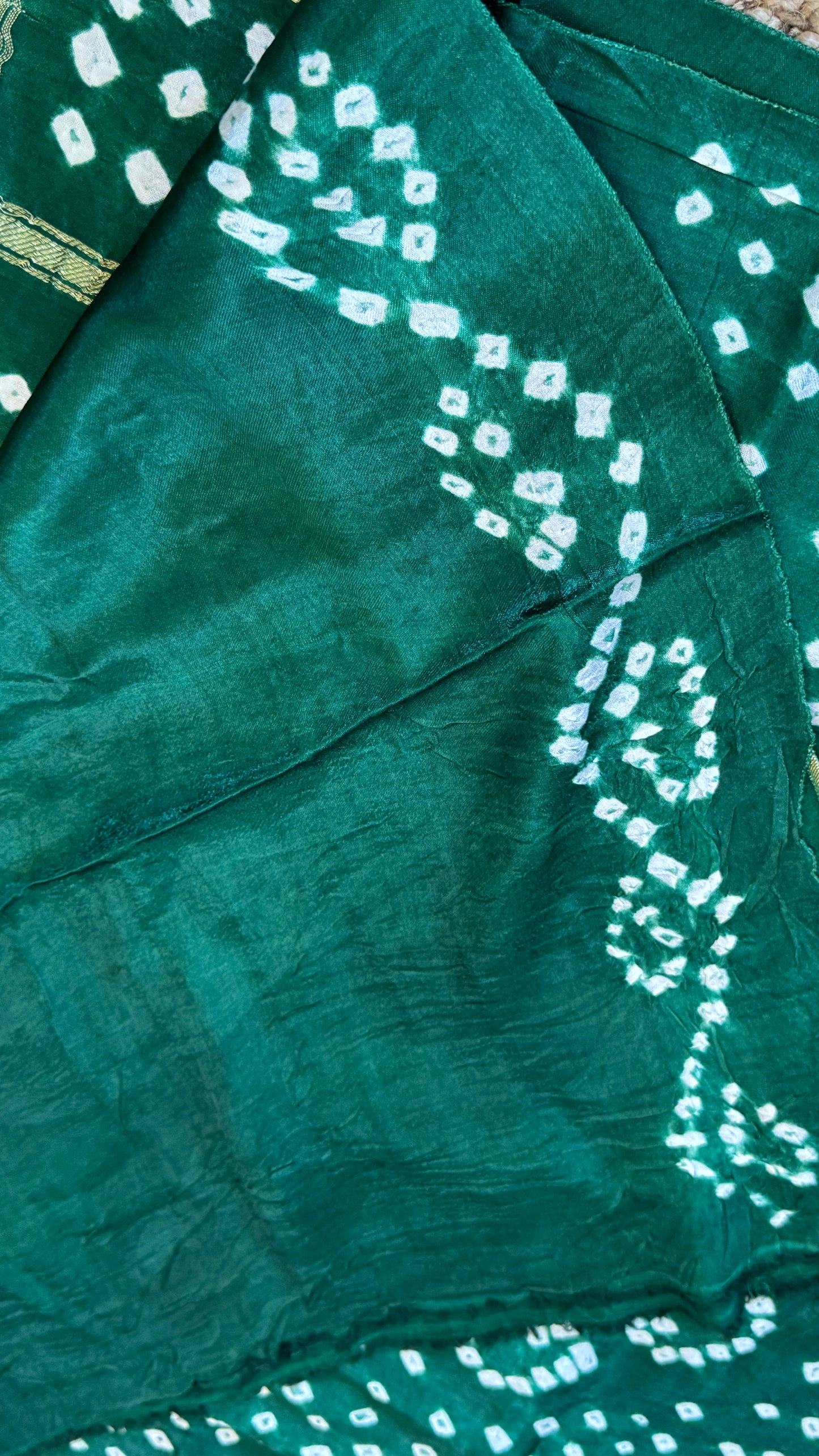 Tie & Dye Handknotted Gharchola Bandhej Pure Gajji Silk Saree - Bottle Green