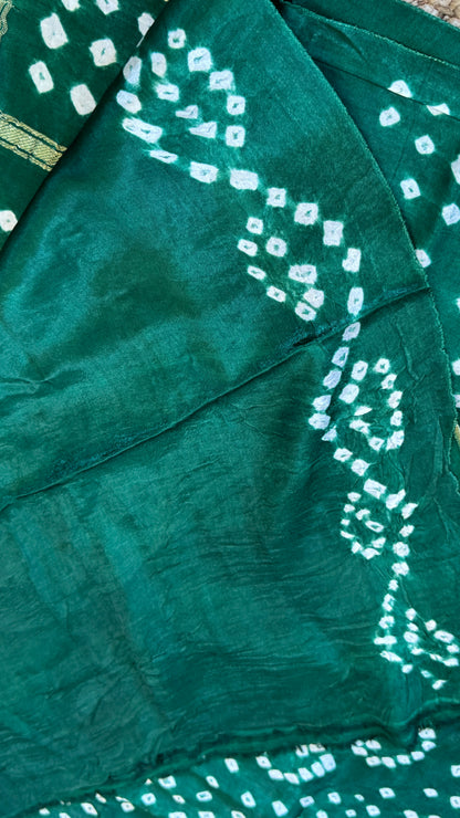 Tie & Dye Handknotted Gharchola Bandhej Pure Gajji Silk Saree - Bottle Green
