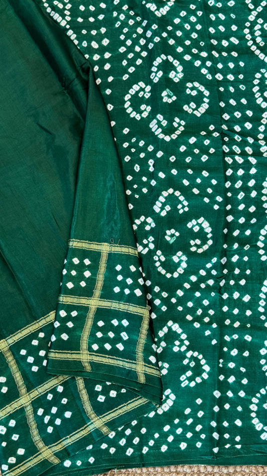 Tie & Dye Handknotted Gharchola Bandhej Pure Gajji Silk Saree - Bottle Green