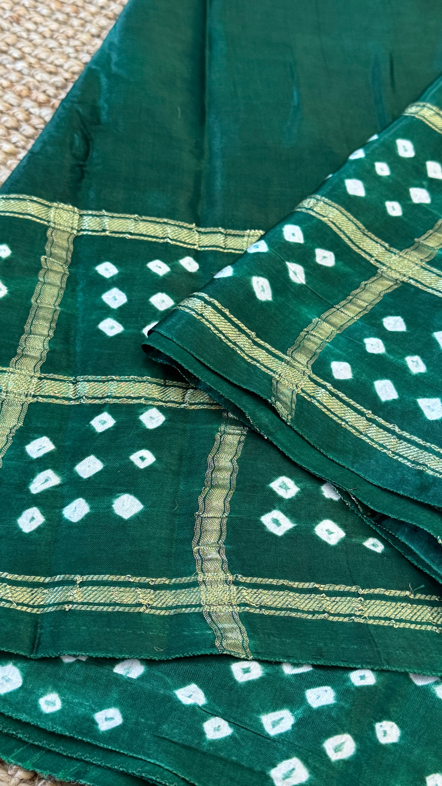 Tie & Dye Handknotted Gharchola Bandhej Pure Gajji Silk Saree - Bottle Green