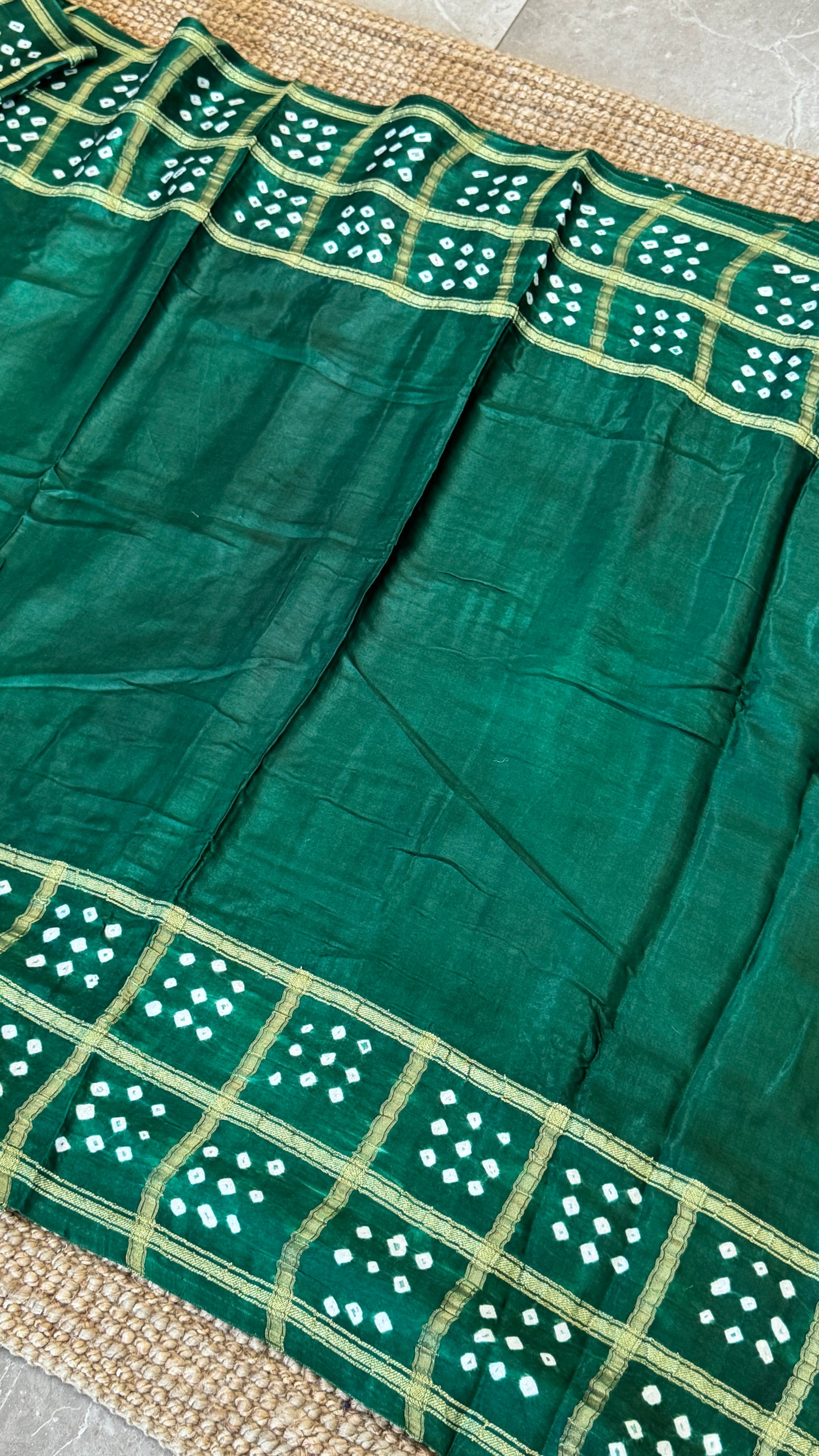 Tie & Dye Handknotted Gharchola Bandhej Pure Gajji Silk Saree - Bottle Green