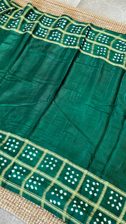 Tie & Dye Handknotted Gharchola Bandhej Pure Gajji Silk Saree - Bottle Green