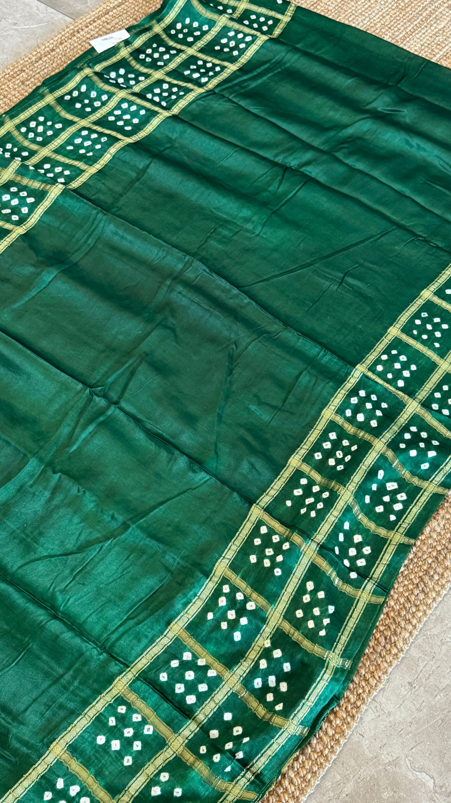 Tie & Dye Handknotted Gharchola Bandhej Pure Gajji Silk Saree - Bottle Green