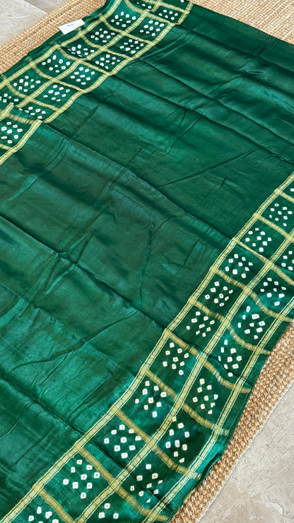 Tie & Dye Handknotted Gharchola Bandhej Pure Gajji Silk Saree - Bottle Green