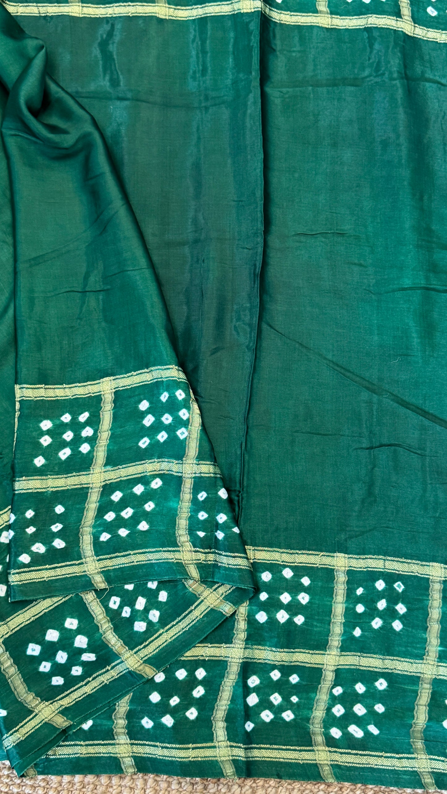 Tie & Dye Handknotted Gharchola Bandhej Pure Gajji Silk Saree - Bottle Green