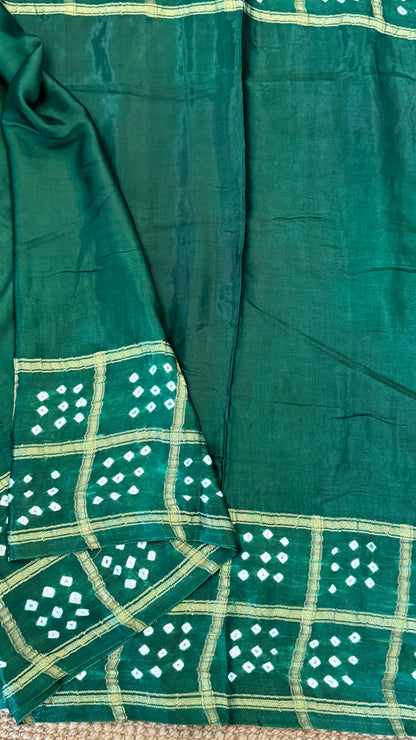 Tie & Dye Handknotted Gharchola Bandhej Pure Gajji Silk Saree - Bottle Green