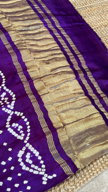 Tie & Dye Handknotted Gharchola Bandhej Pure Gajji Silk Saree - Royal Purple