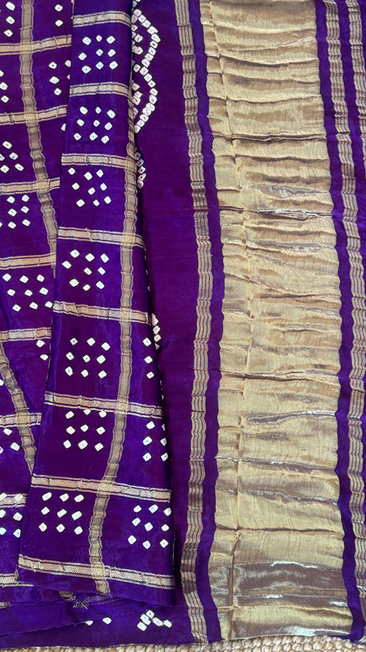 Tie & Dye Handknotted Gharchola Bandhej Pure Gajji Silk Saree - Royal Purple