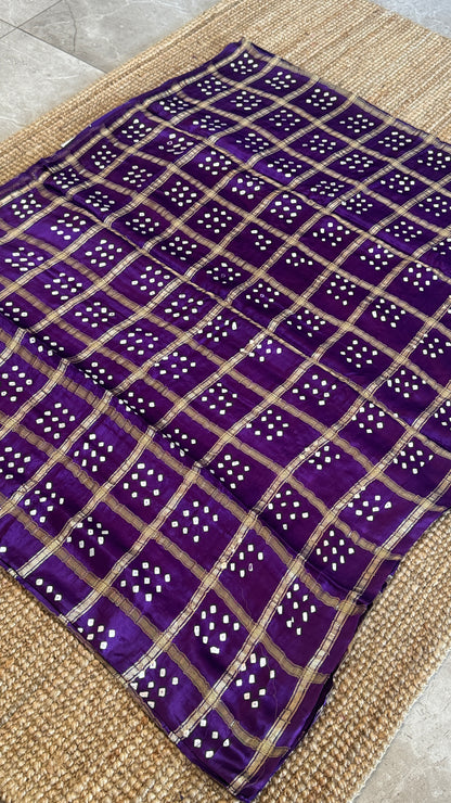 Tie & Dye Handknotted Gharchola Bandhej Pure Gajji Silk Saree - Royal Purple