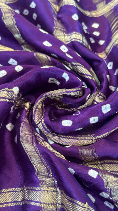 Tie & Dye Handknotted Gharchola Bandhej Pure Gajji Silk Saree - Royal Purple