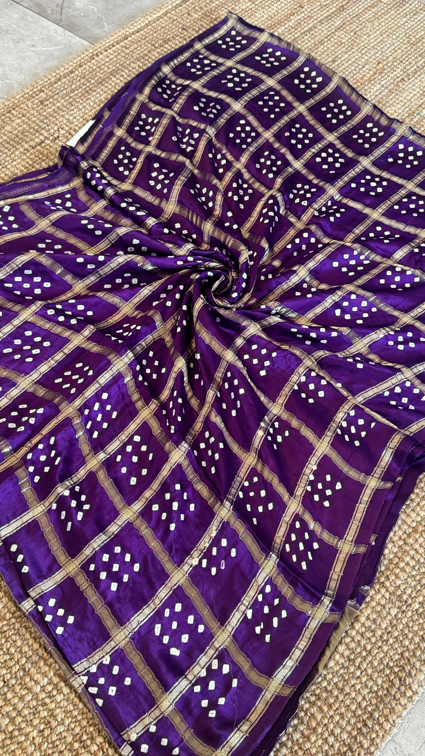 Tie & Dye Handknotted Gharchola Bandhej Pure Gajji Silk Saree - Royal Purple