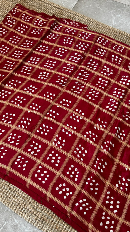 Tie & Dye Handknotted Gharchola Bandhej Pure Gajji Silk Saree - Deep Red