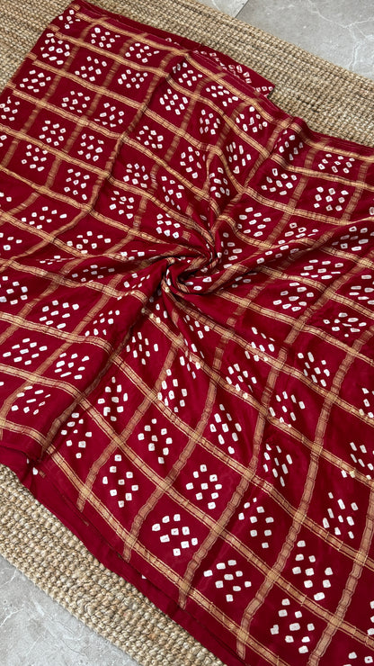 Tie & Dye Handknotted Gharchola Bandhej Pure Gajji Silk Saree - Deep Red