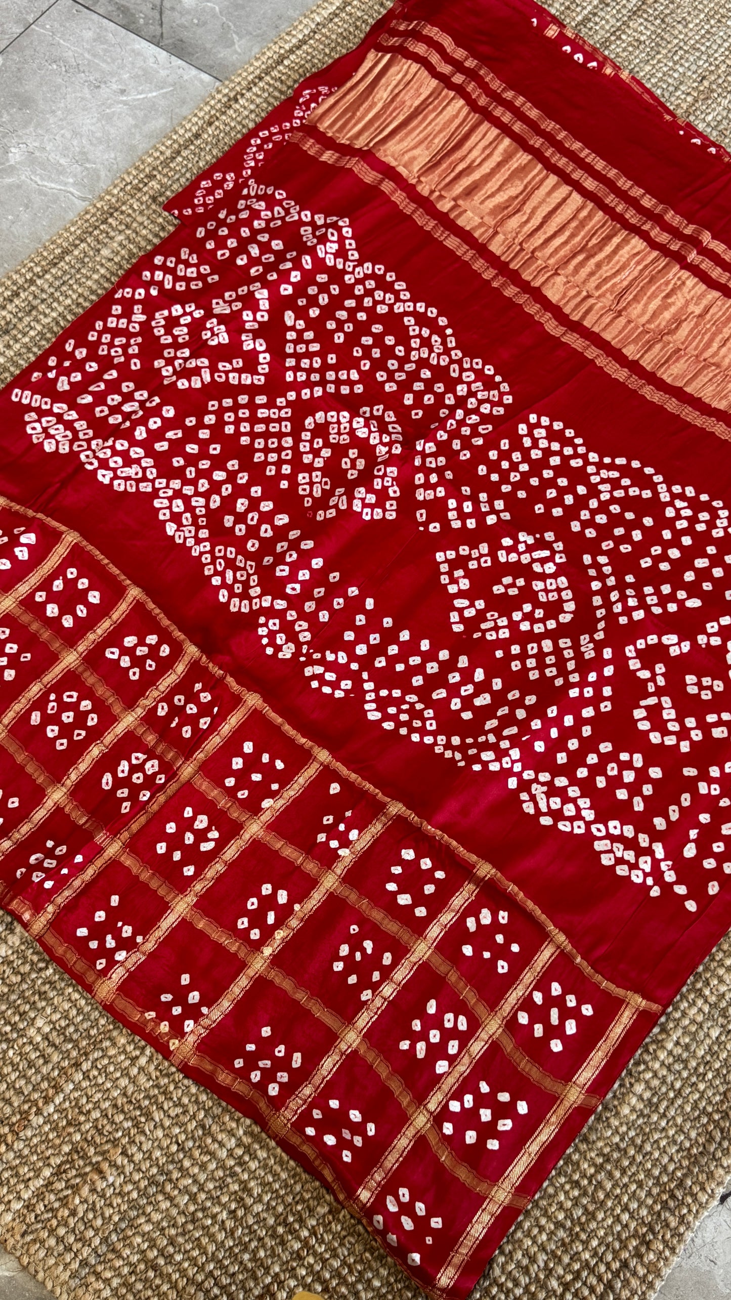 Tie & Dye Handknotted Gharchola Bandhej Pure Gajji Silk Saree - Deep Red