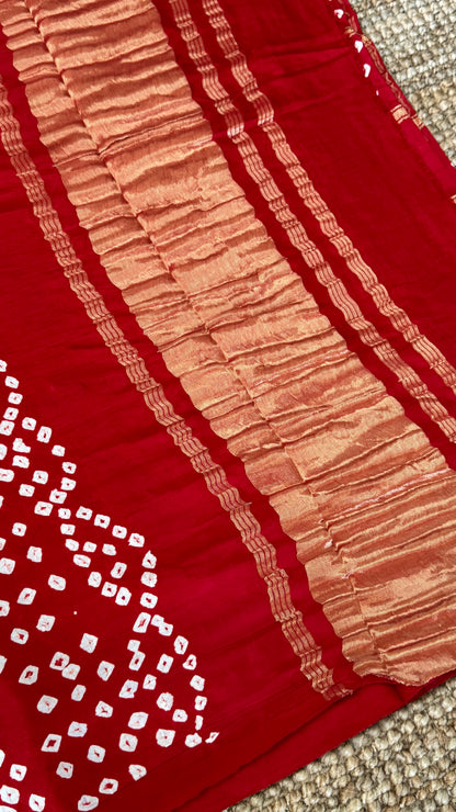 Tie & Dye Handknotted Gharchola Bandhej Pure Gajji Silk Saree - Deep Red