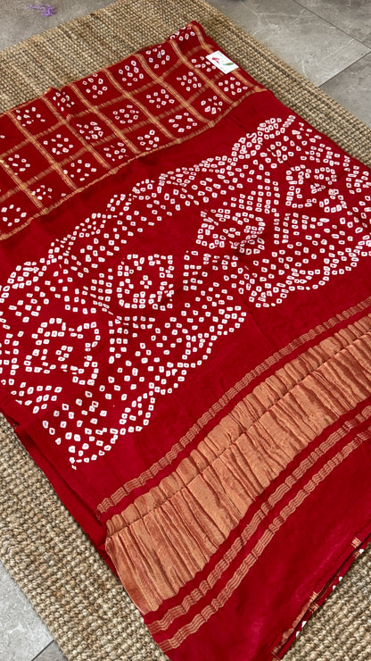 Tie & Dye Handknotted Gharchola Bandhej Pure Gajji Silk Saree - Deep Red