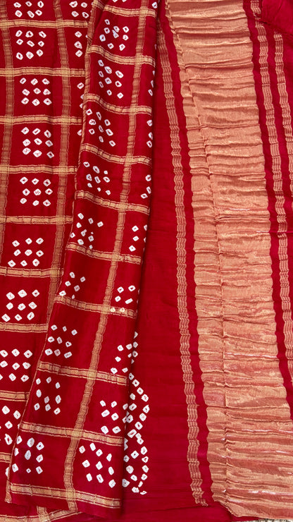 Tie & Dye Handknotted Gharchola Bandhej Pure Gajji Silk Saree - Deep Red