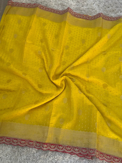 Kora banaras silk saree – Yellow with Red lace border