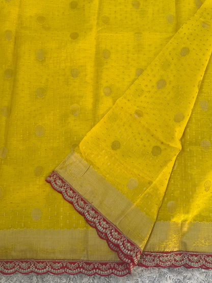 Kora banaras silk saree – Yellow with Red lace border