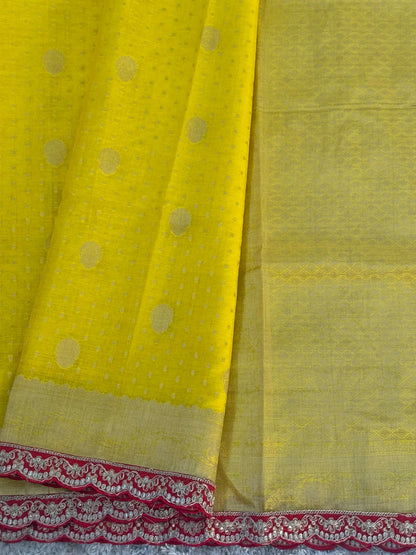Kora banaras silk saree – Yellow with Red lace border