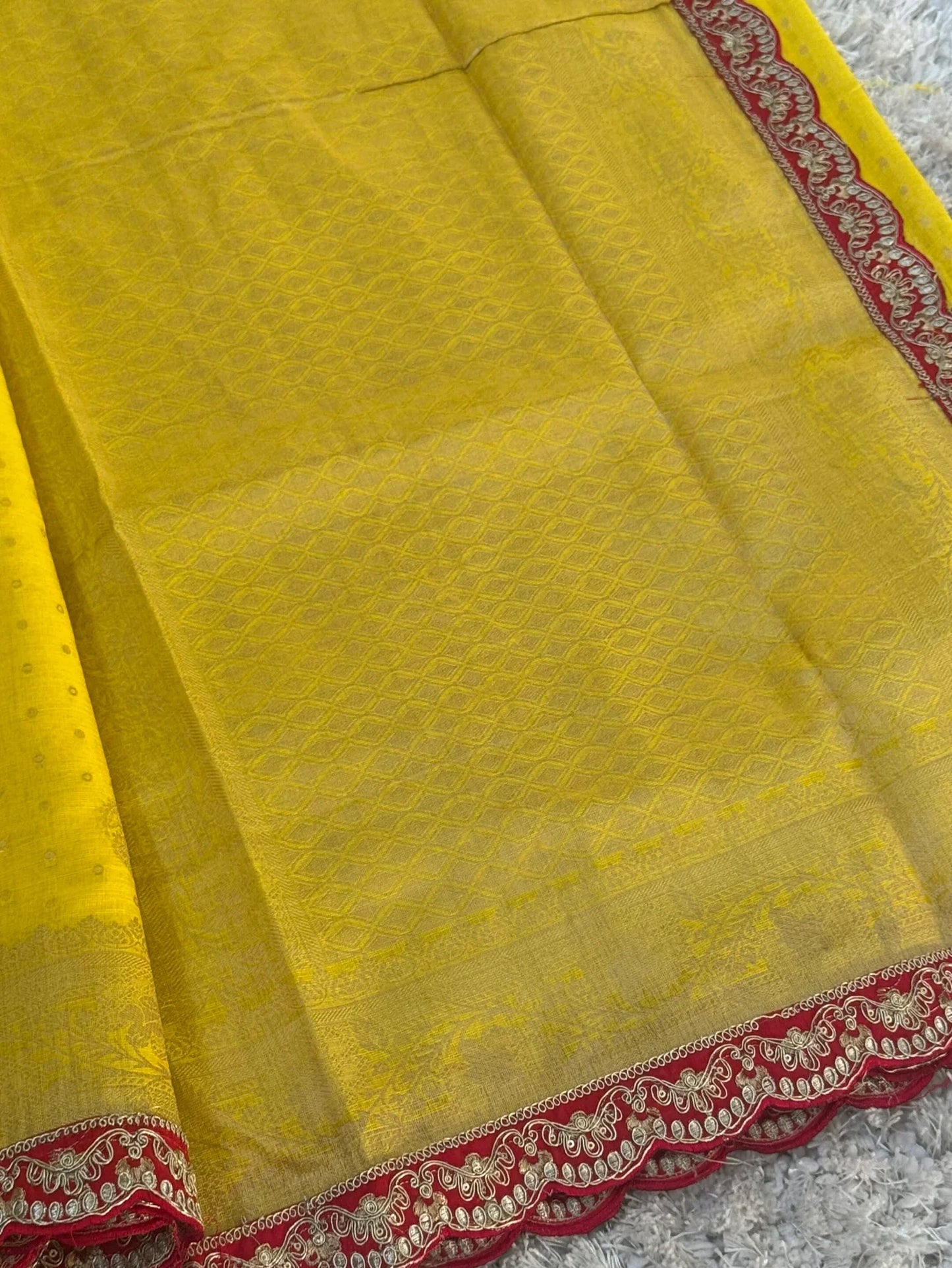 Kora banaras silk saree – Yellow with Red lace border