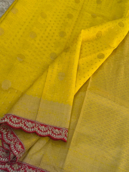 Kora banaras silk saree – Yellow with Red lace border