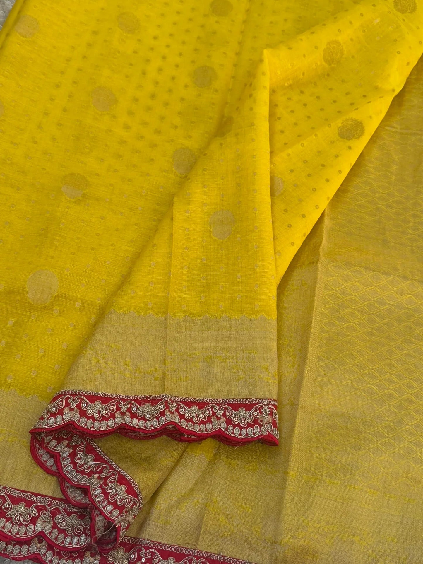 Kora banaras silk saree – Yellow with Red lace border