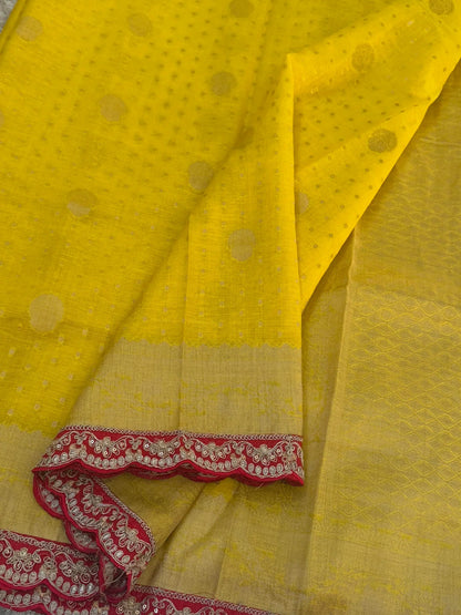 Kora banaras silk saree – Yellow with Red lace border
