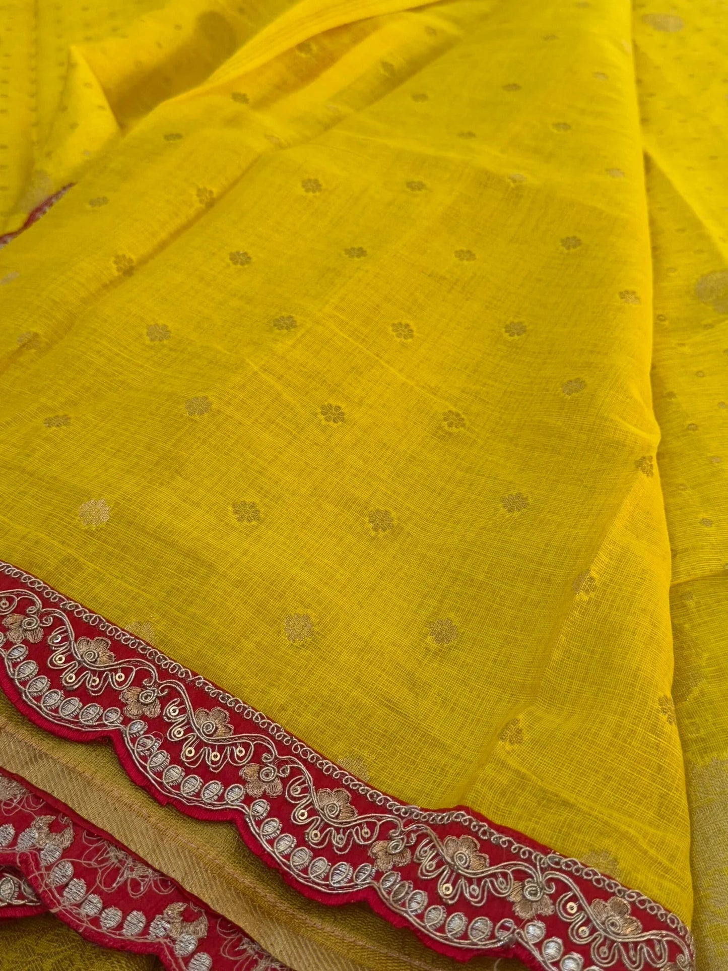 Kora banaras silk saree – Yellow with Red lace border