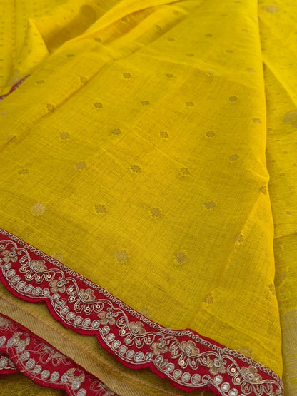 Kora banaras silk saree – Yellow with Red lace border