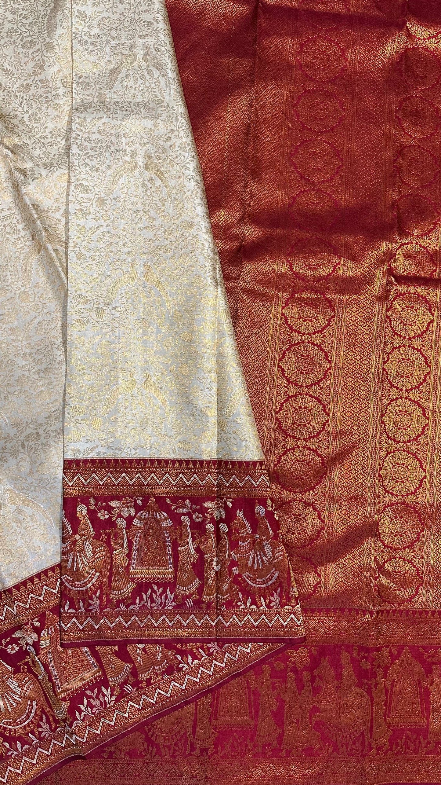 Bridal KANJIVARAM PURE SILK SAREE in White and Deep Red