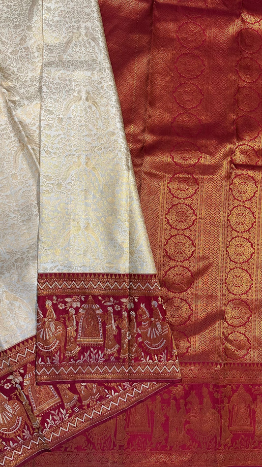 Bridal KANJIVARAM PURE SILK SAREE in White and Deep Red