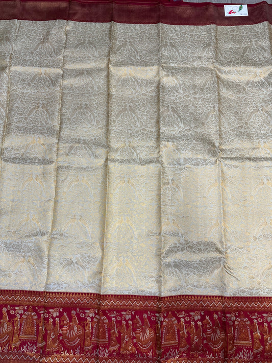 Bridal KANJIVARAM PURE SILK SAREE in White and Deep Red