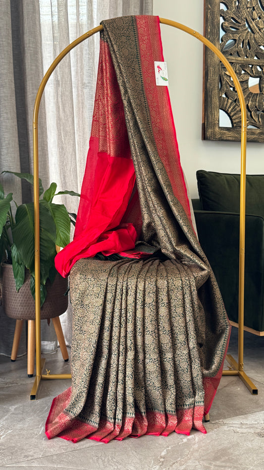Raw Banarasi Handloom – Bottle Green with Red