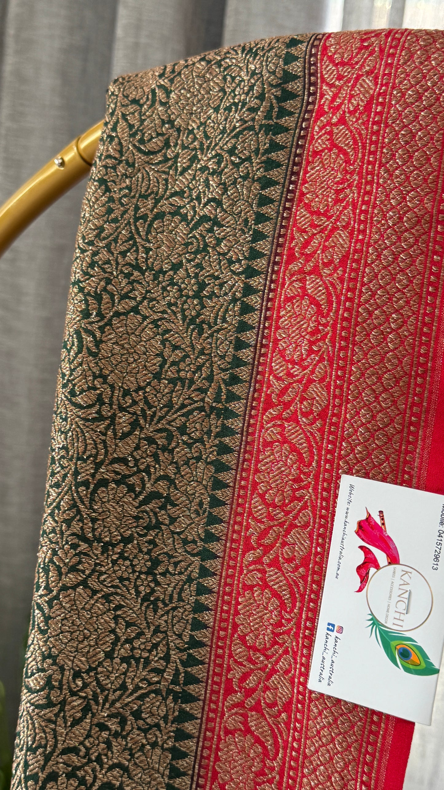 Raw Banarasi Handloom – Bottle Green with Red