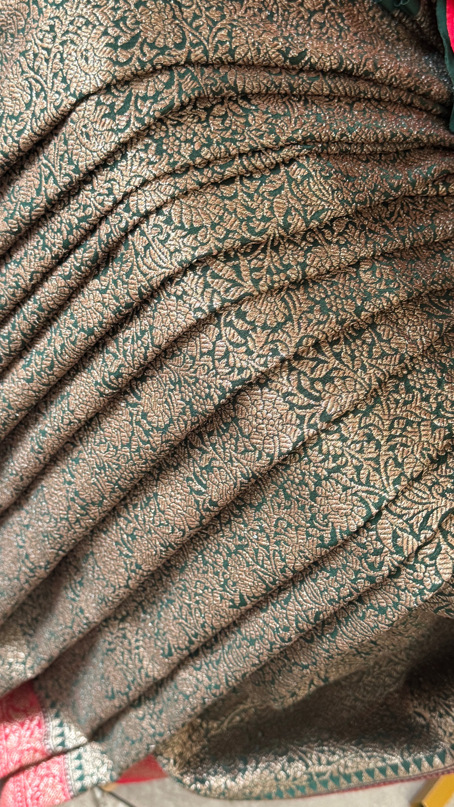 Raw Banarasi Handloom – Bottle Green with Red