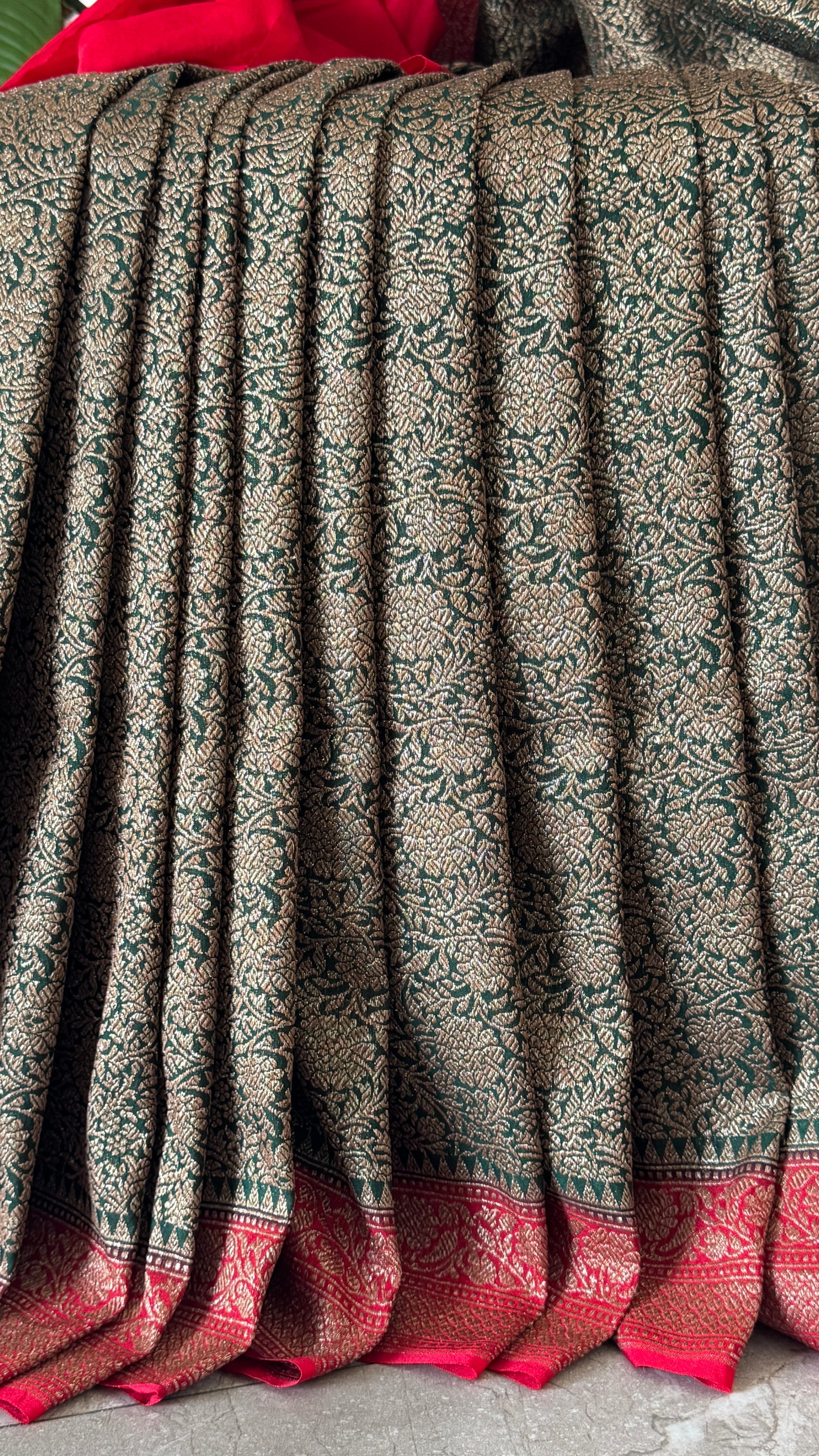 Raw Banarasi Handloom – Bottle Green with Red