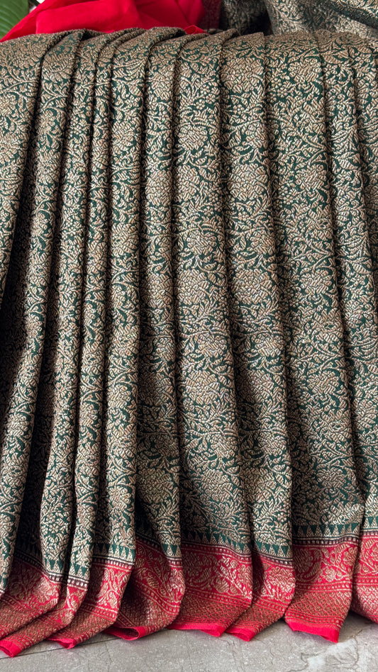 Raw Banarasi Handloom – Bottle Green with Red