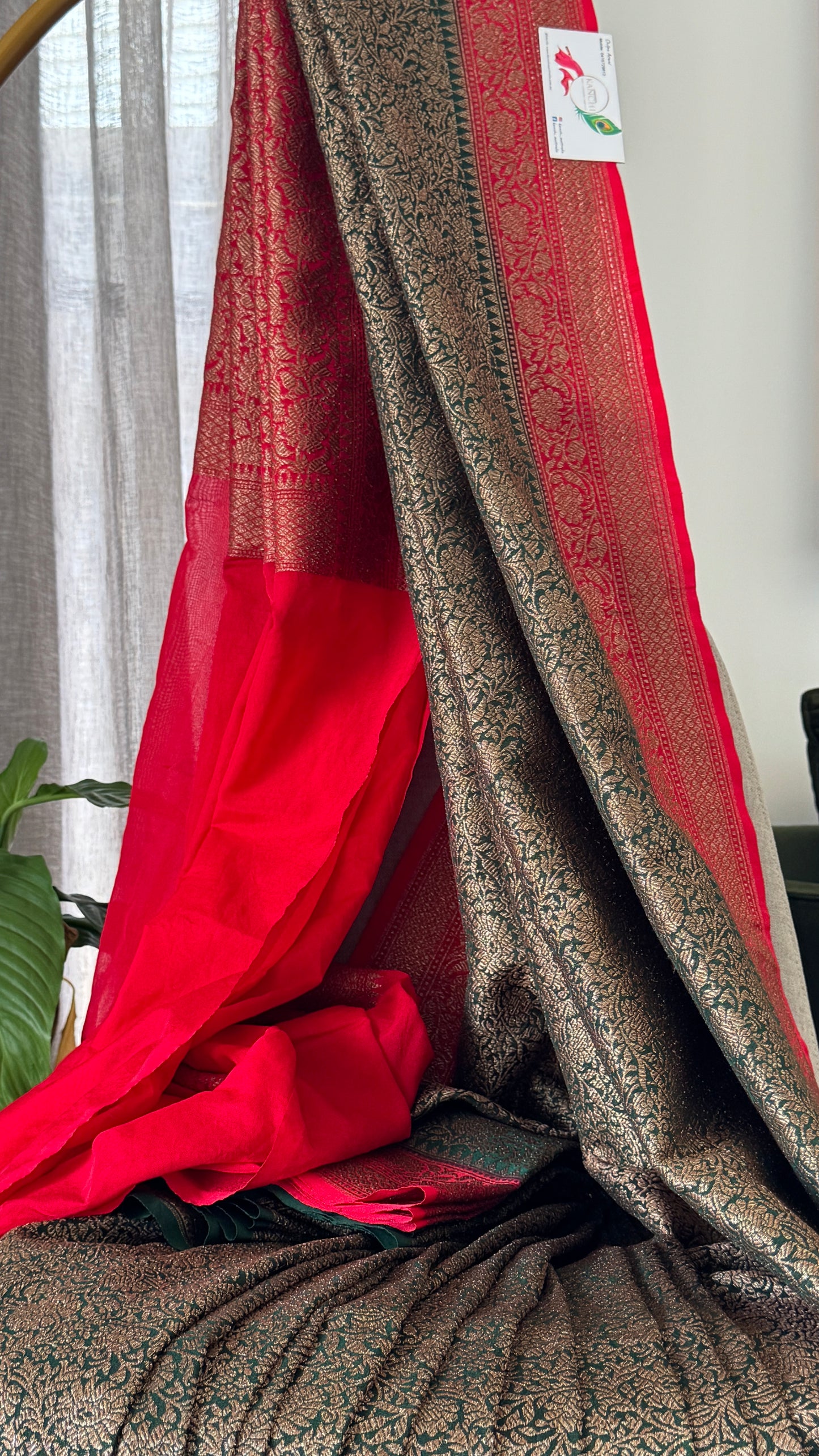 Raw Banarasi Handloom – Bottle Green with Red