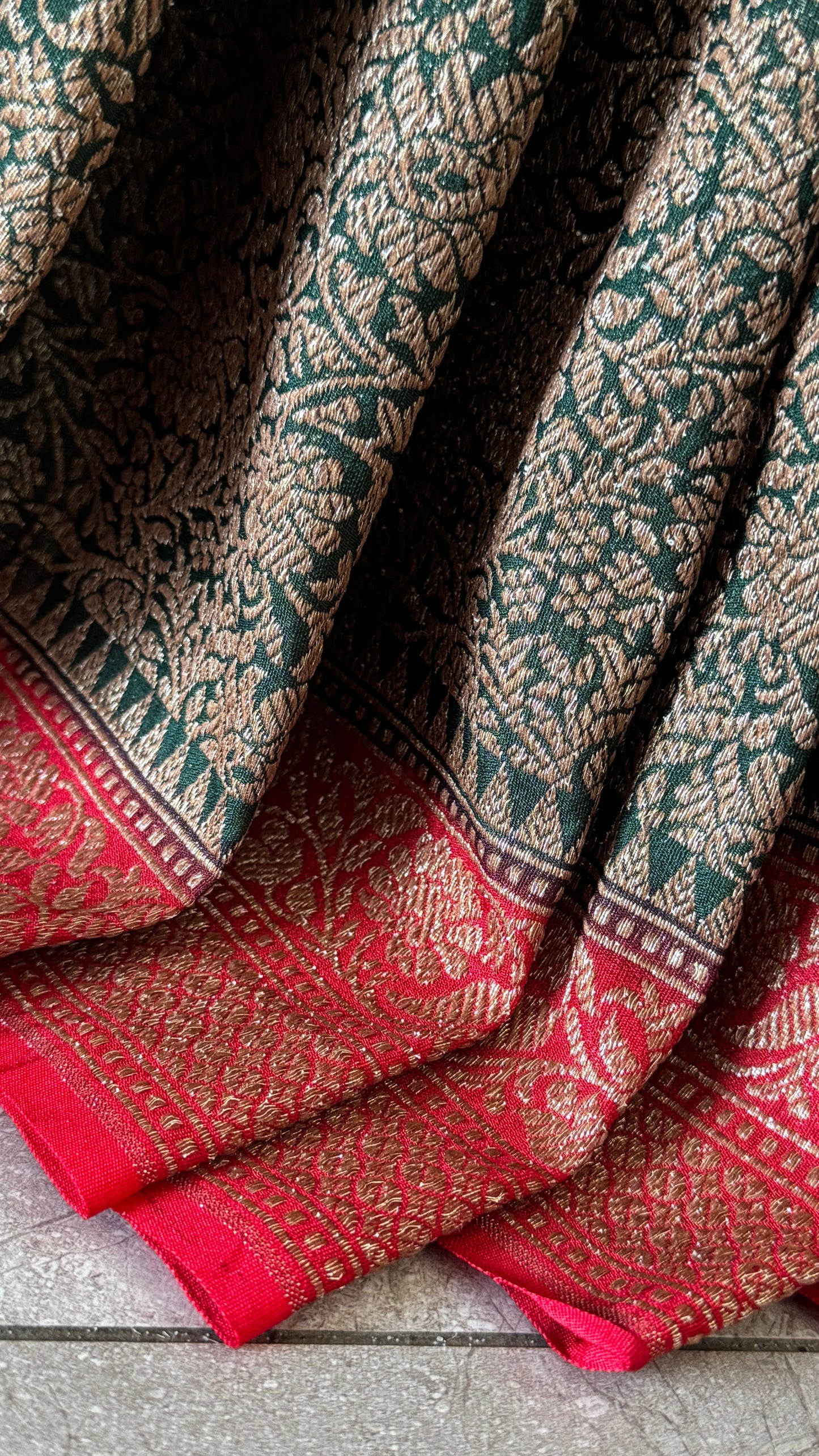 Raw Banarasi Handloom – Bottle Green with Red