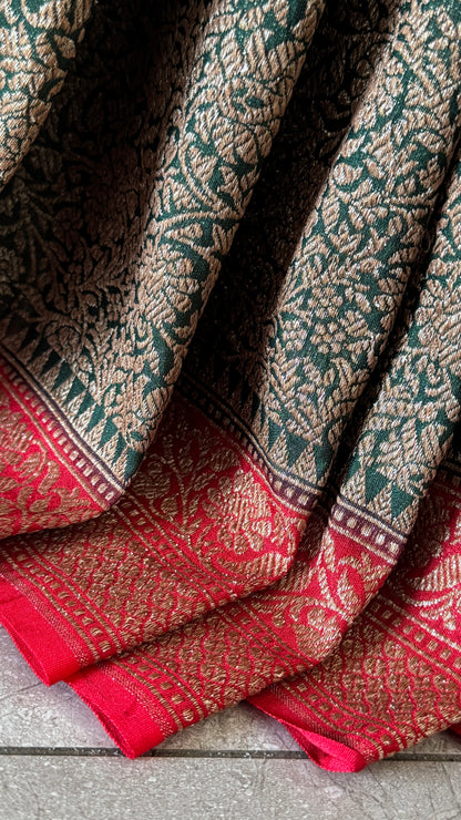 Raw Banarasi Handloom – Bottle Green with Red