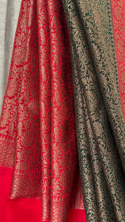 Raw Banarasi Handloom – Bottle Green with Red