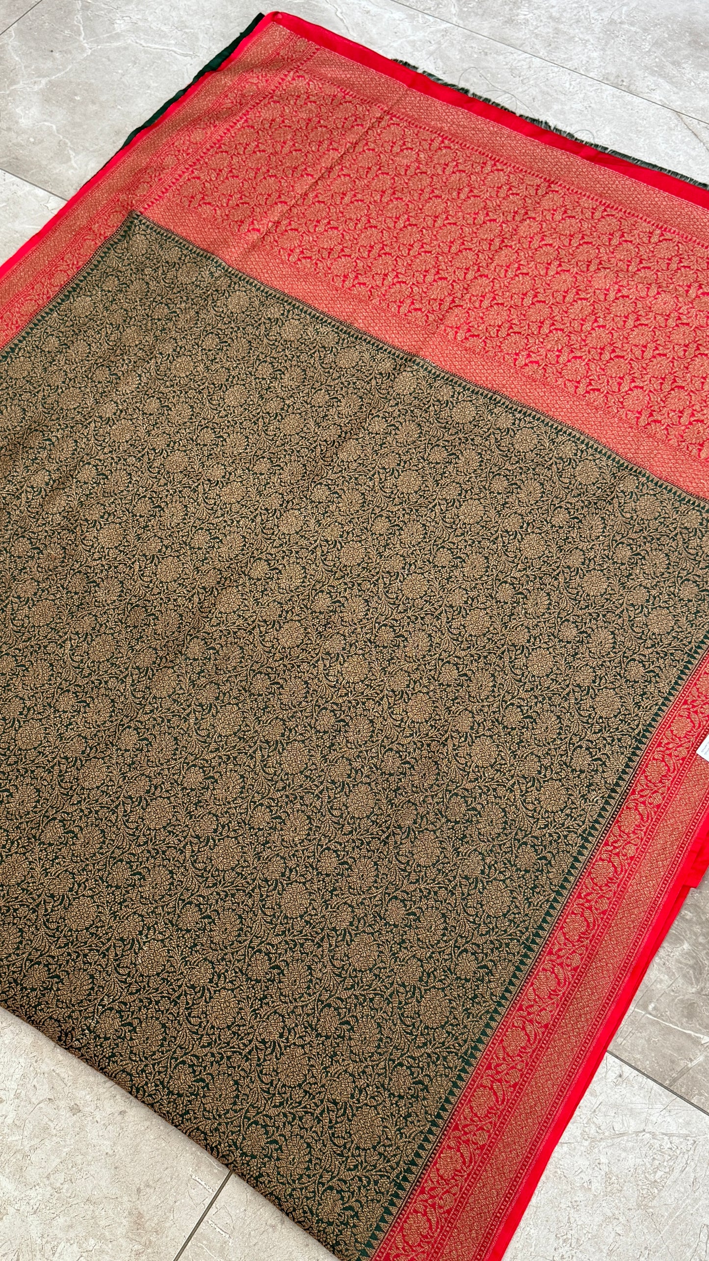 Raw Banarasi Handloom – Bottle Green with Red