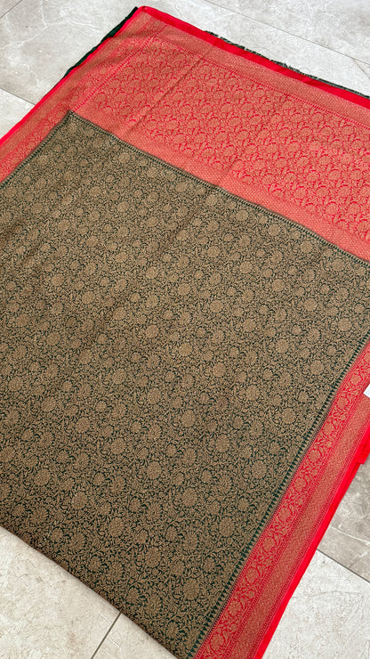 Raw Banarasi Handloom – Bottle Green with Red