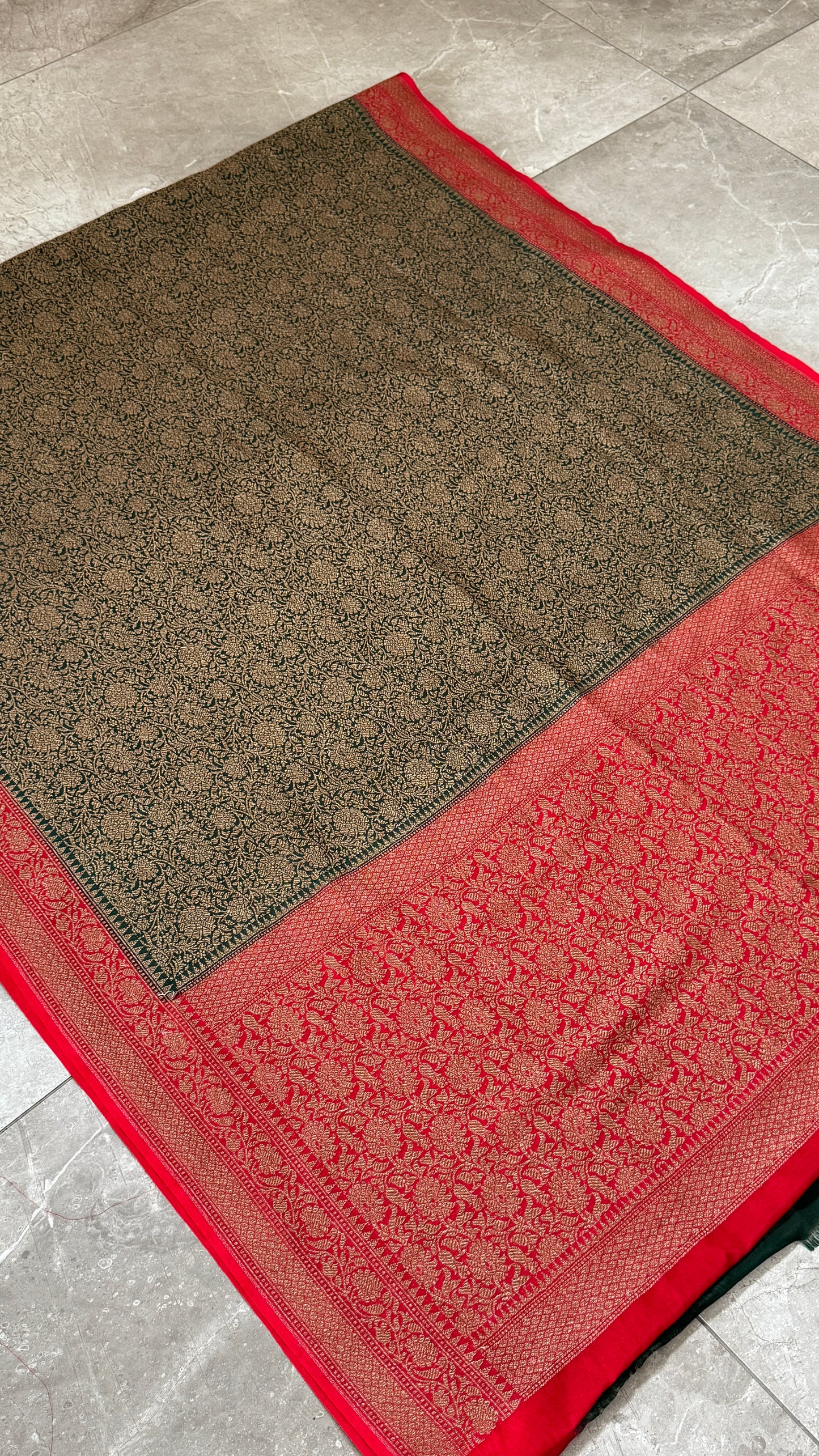 Raw Banarasi Handloom – Bottle Green with Red