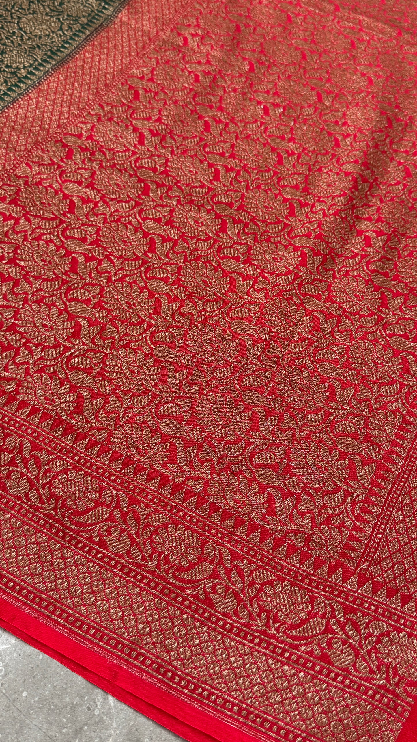 Raw Banarasi Handloom – Bottle Green with Red