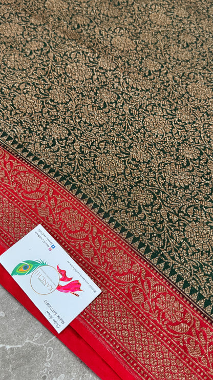 Raw Banarasi Handloom – Bottle Green with Red